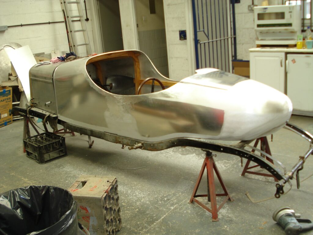 A3 during the early stages of restoration, she is photographed just as a body shell, with no wheels, engine or other fittings