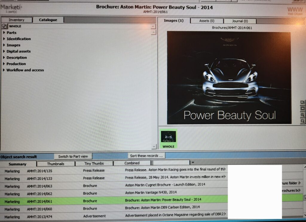 Screenshot of an object record on a Collections Management System. It shows an image of AML marketing material (Power Beauty Soul) alongside object information