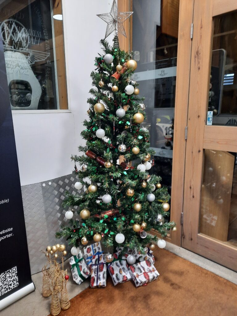 Image of a decorated Christmas tree with presents underneath