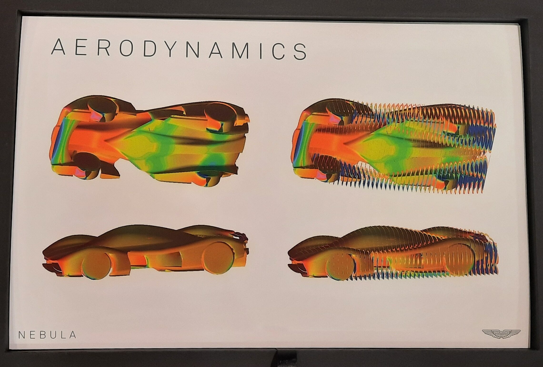 A card from the Nebula Collaboration Presentation Box showing 3D designs of the aerodynamics of the car, they are multicoloured
