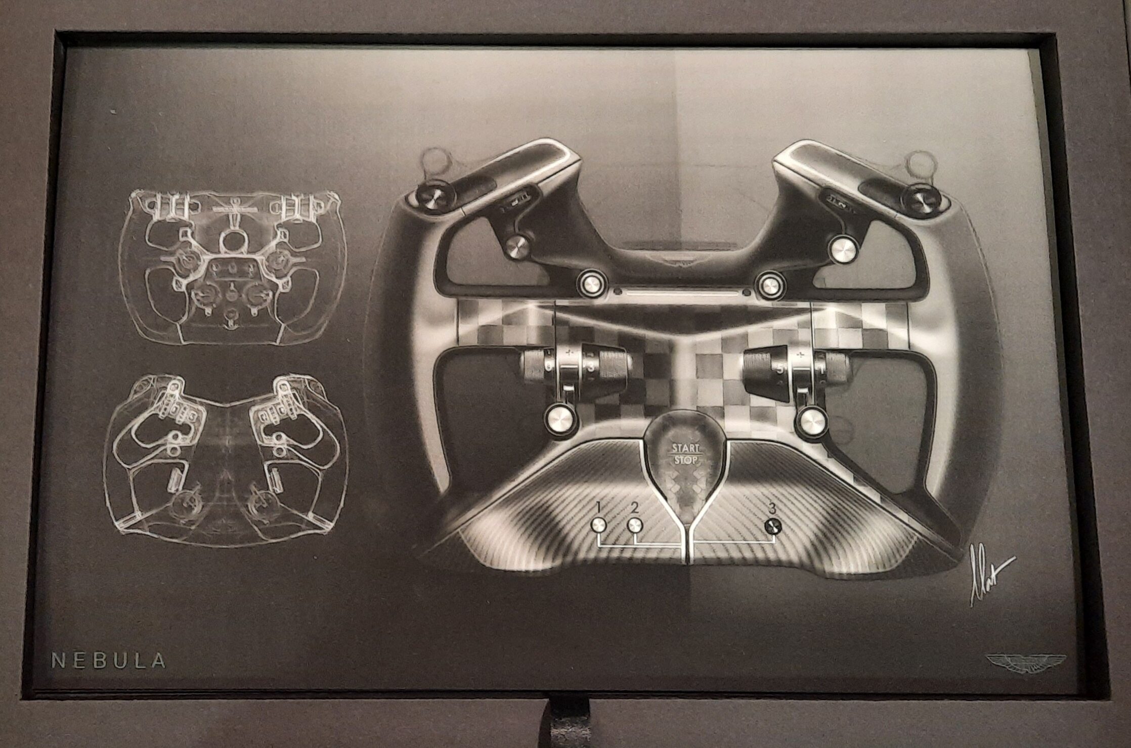 A card from the Nebula Collaboration Presentation Box showing drawings for the steering wheel