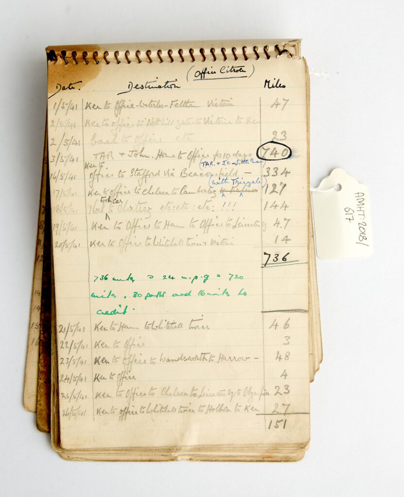 Inside page of Horsfall's notebook, showing ruled lines to record the date, destination and mileage of his journeys. Included are the names of some of the secret agents he transported