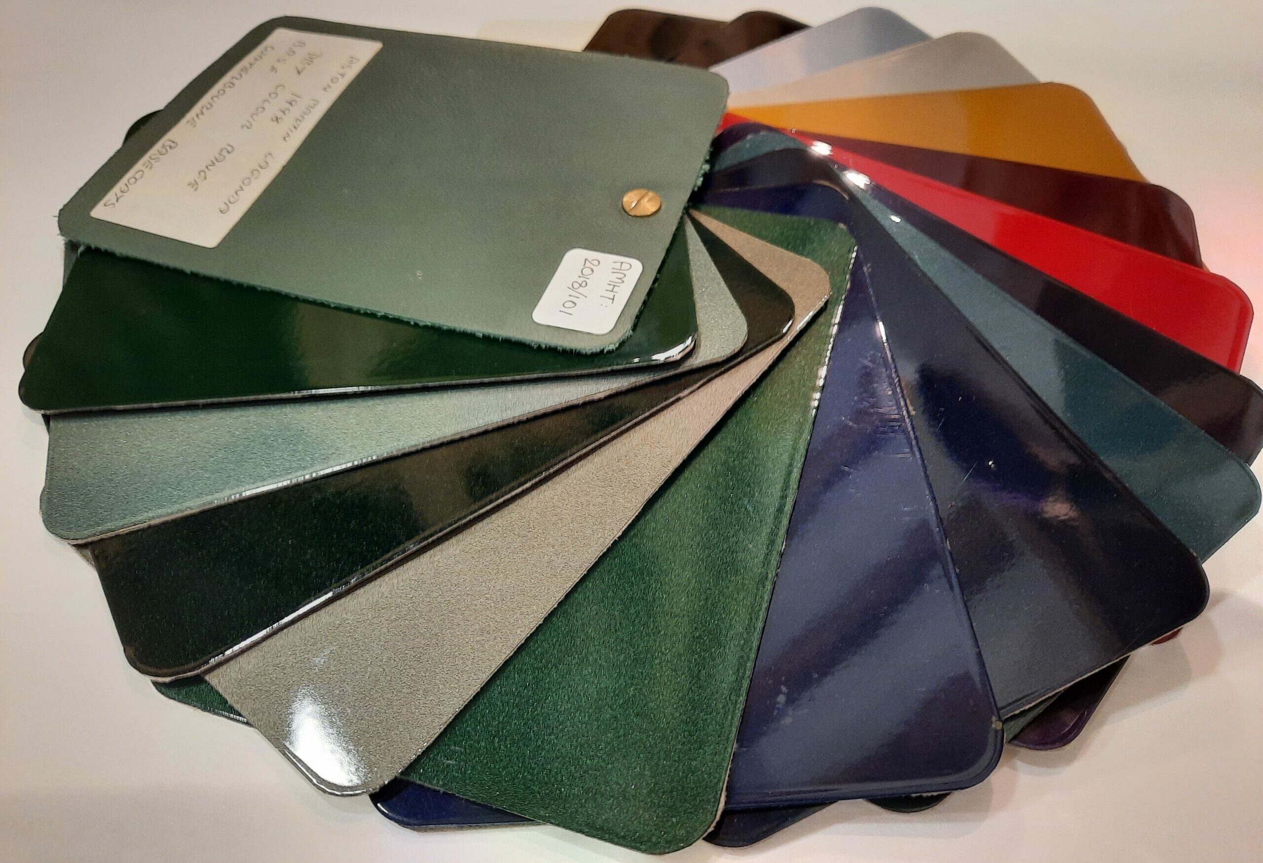 20240612_105037 DB7 Paint Samples fanned out into a circle. Includes 17 samples ranging from green, blue and red to gold and silver