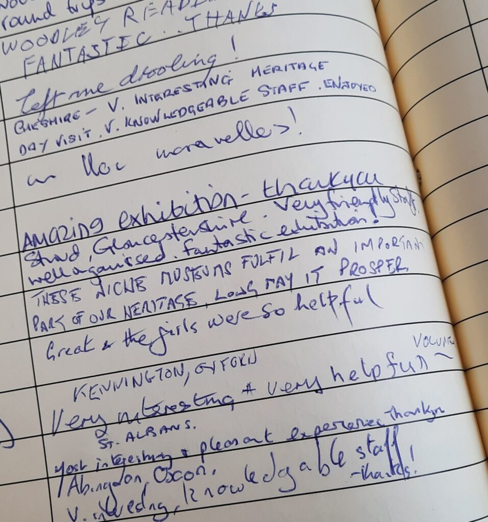 Image shows visitor feedback book with comments from visiting the Heritage Open Day. One comment reads 'left me drooling!'