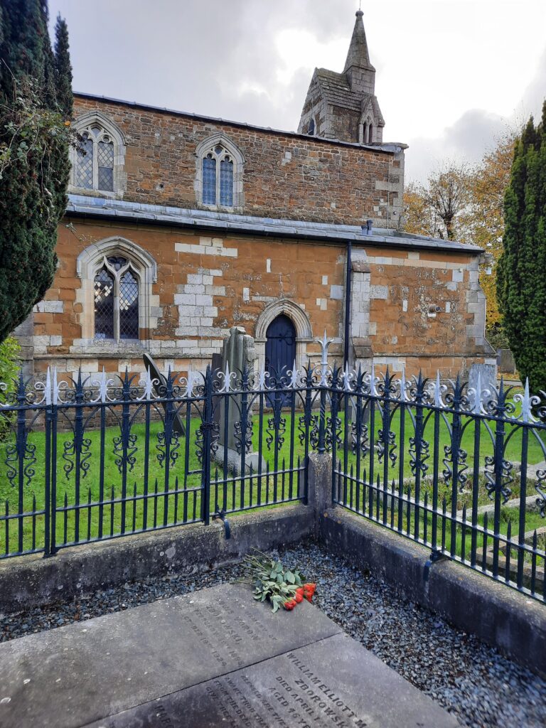 Colour image of the graves of Louis Zborowski, his parents and brother with St James Church in the background